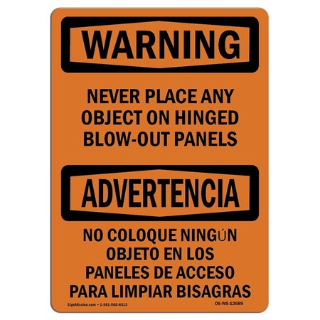 SIGNMISSION OSHA WARNING Sign, Never Place Any Object Panels Bilingual, 7in X 5in Decal, 5" W, 7" L, Landscape OS-WS-D-57-L-12689